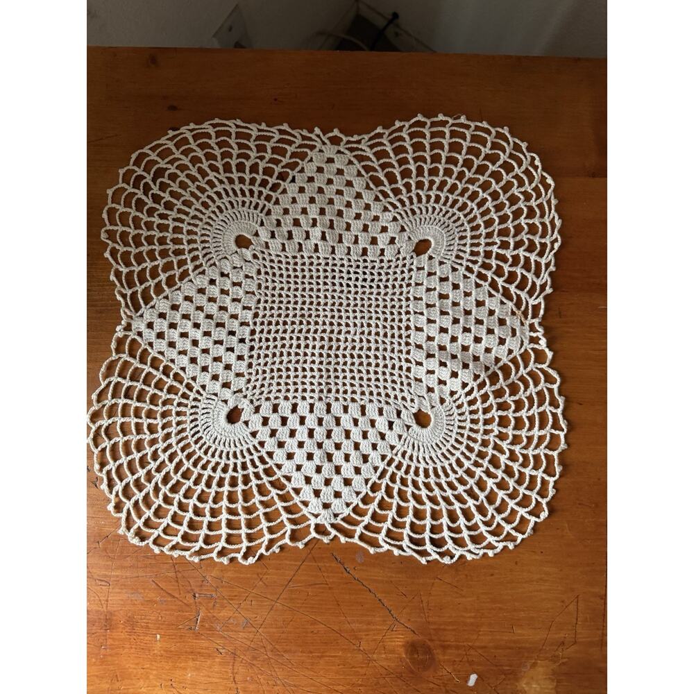 Vintage Off White Filet Crochet Doily Square Center Scalloped Edge Heirloom